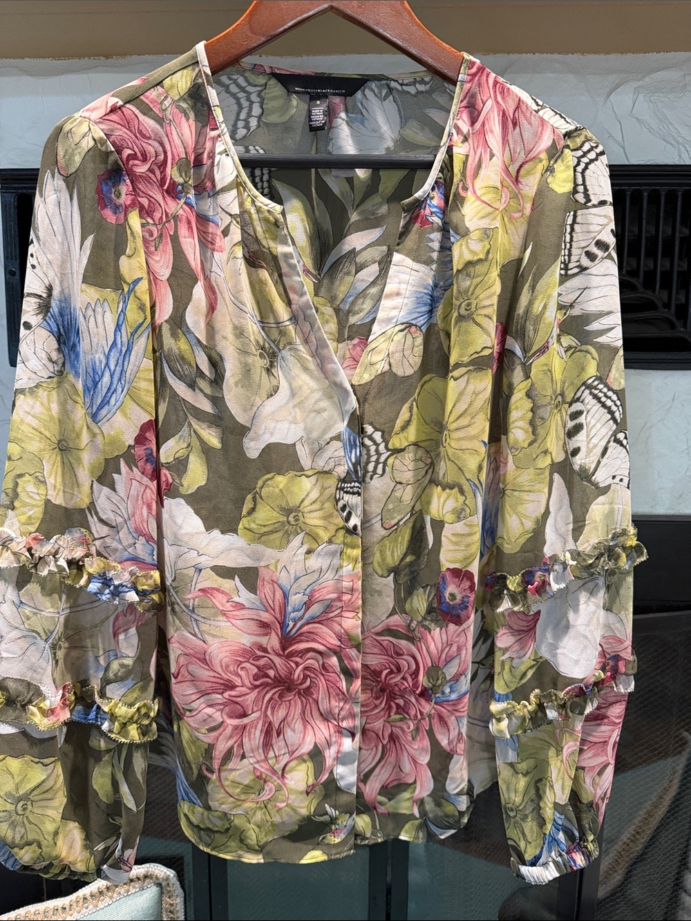 White House Black Market Olive Multi Floral V-Neck Blouse